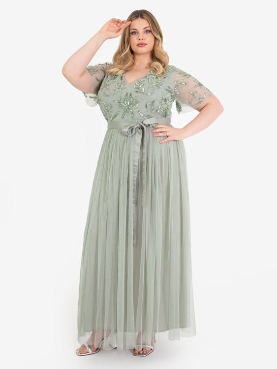 Maya Plus Size Sage Green Floral Embellished Maxi Dress with Sash Belt - Curvy Chic Boutique