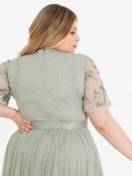 Maya Plus Size Sage Green Floral Embellished Maxi Dress with Sash Belt - Curvy Chic Boutique