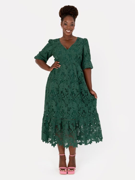 Maya Pus Size Emerald Floral Lace Tie-Back Midaxi Dress - Curvy Chic Boutique