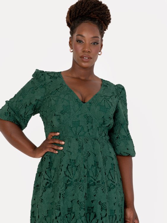 Maya Pus Size Emerald Floral Lace Tie-Back Midaxi Dress - Curvy Chic Boutique
