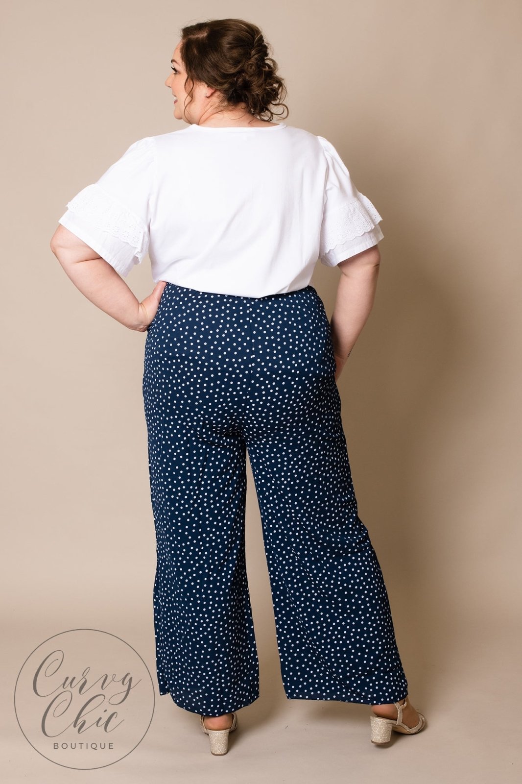 Navy or Rust Polka Dot Wide Leg Trousers - Curvy Chic Boutique