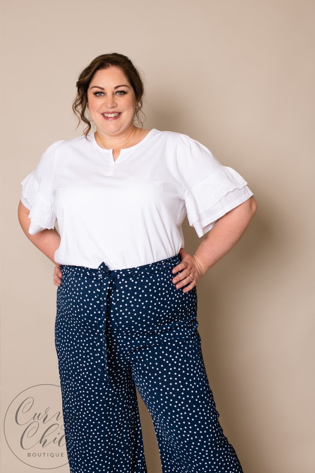 Navy or Rust Polka Dot Wide Leg Trousers - Curvy Chic Boutique