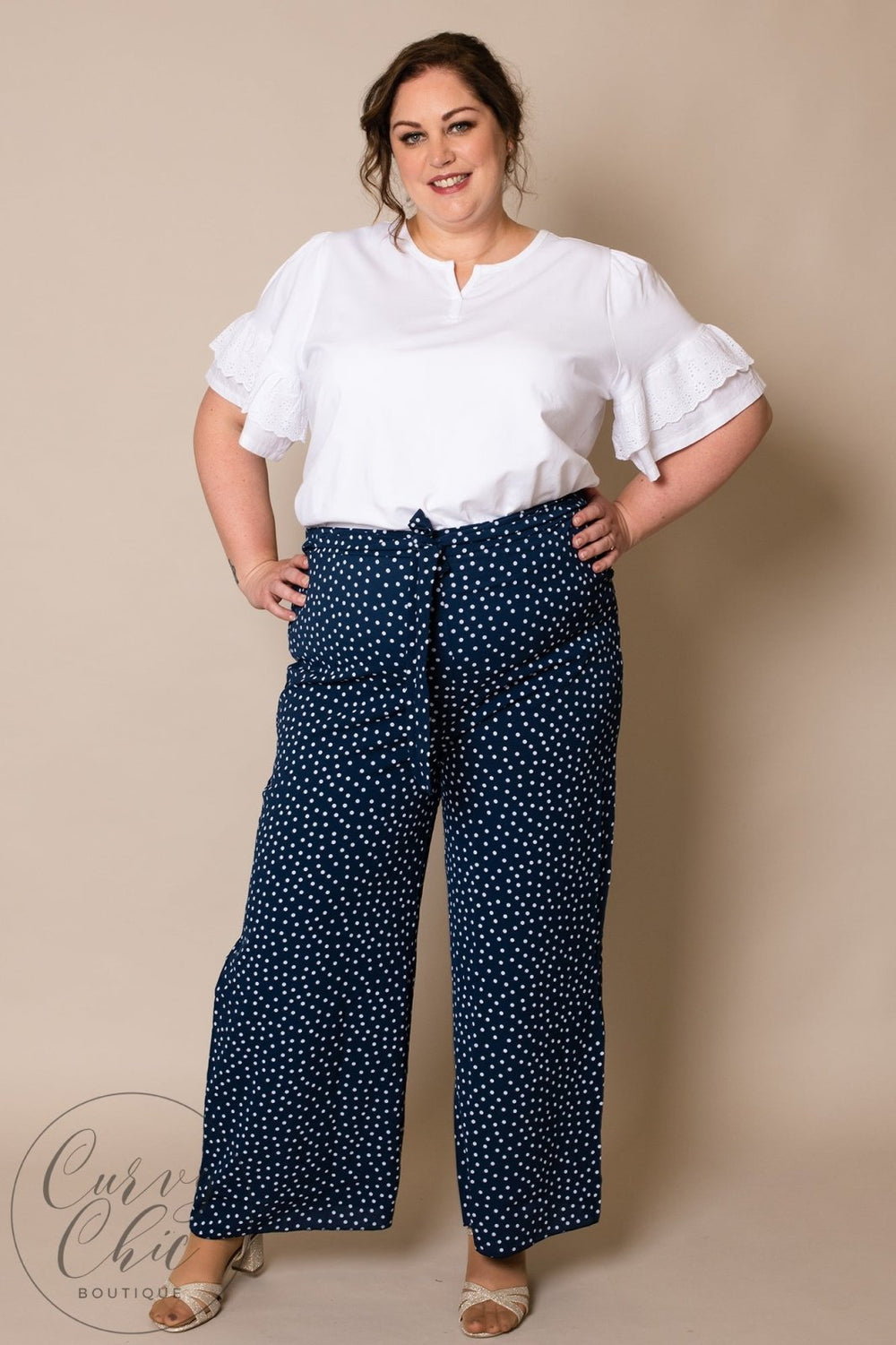 Navy or Rust Polka Dot Wide Leg Trousers - Curvy Chic Boutique