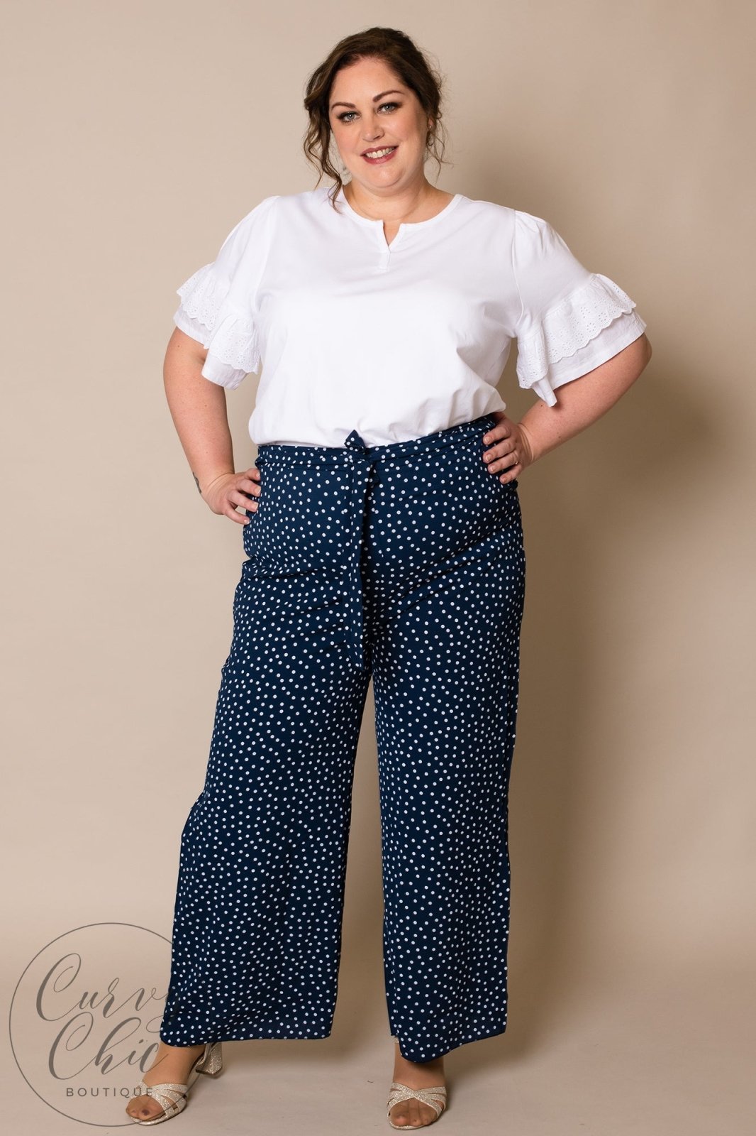 Navy or Rust Polka Dot Wide Leg Trousers - Curvy Chic Boutique