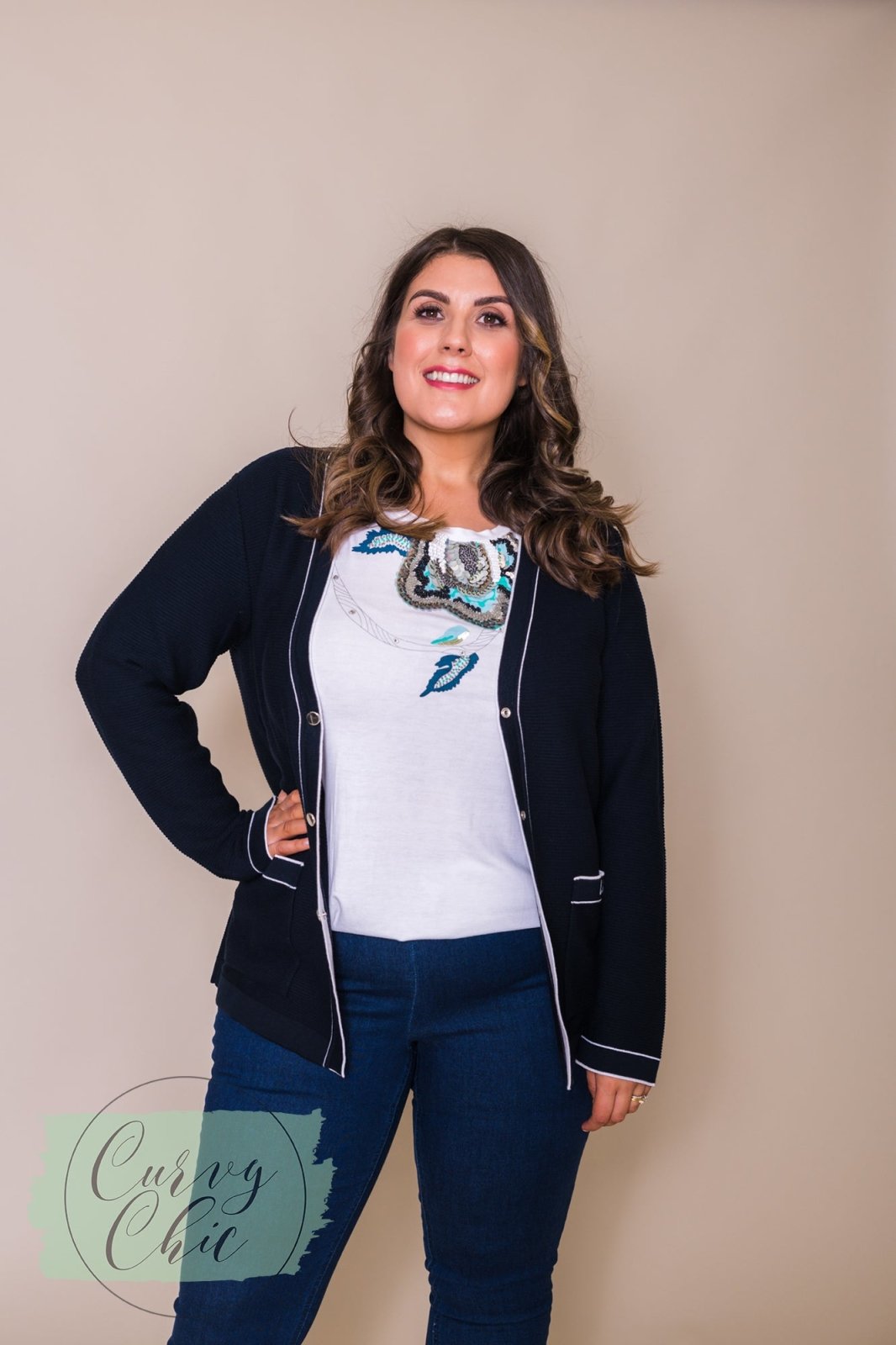 Navy &amp; White Cardigan with Pockets - Curvy Chic Boutique