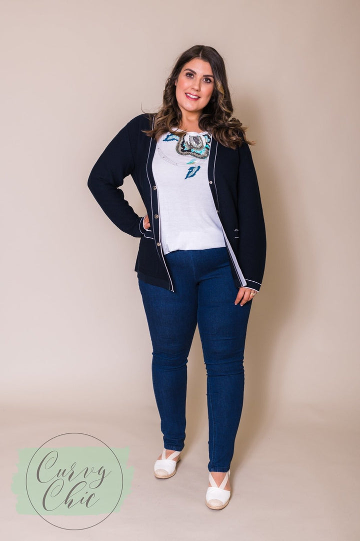 Navy &amp; White Cardigan with Pockets - Curvy Chic Boutique