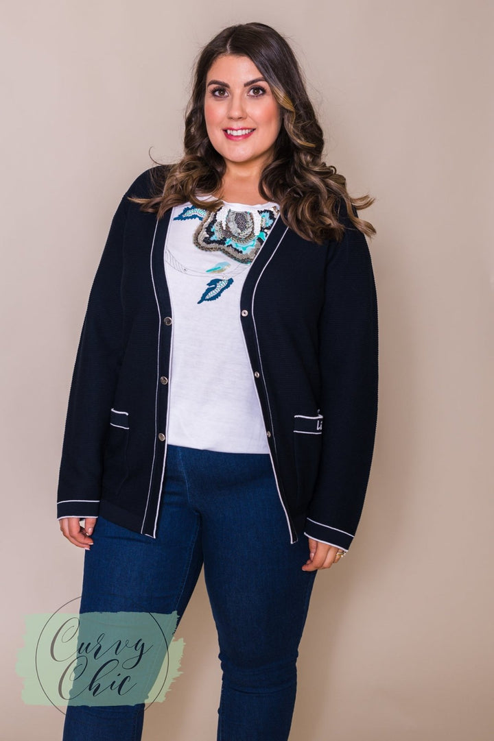 Navy &amp; White Cardigan with Pockets - Curvy Chic Boutique
