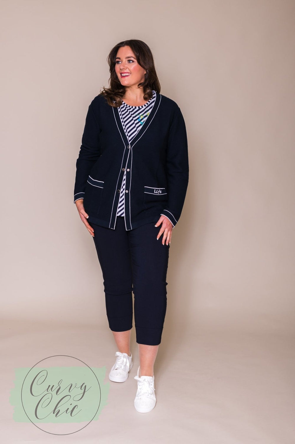 Navy & White Cardigan with Pockets - Curvy Chic Boutique