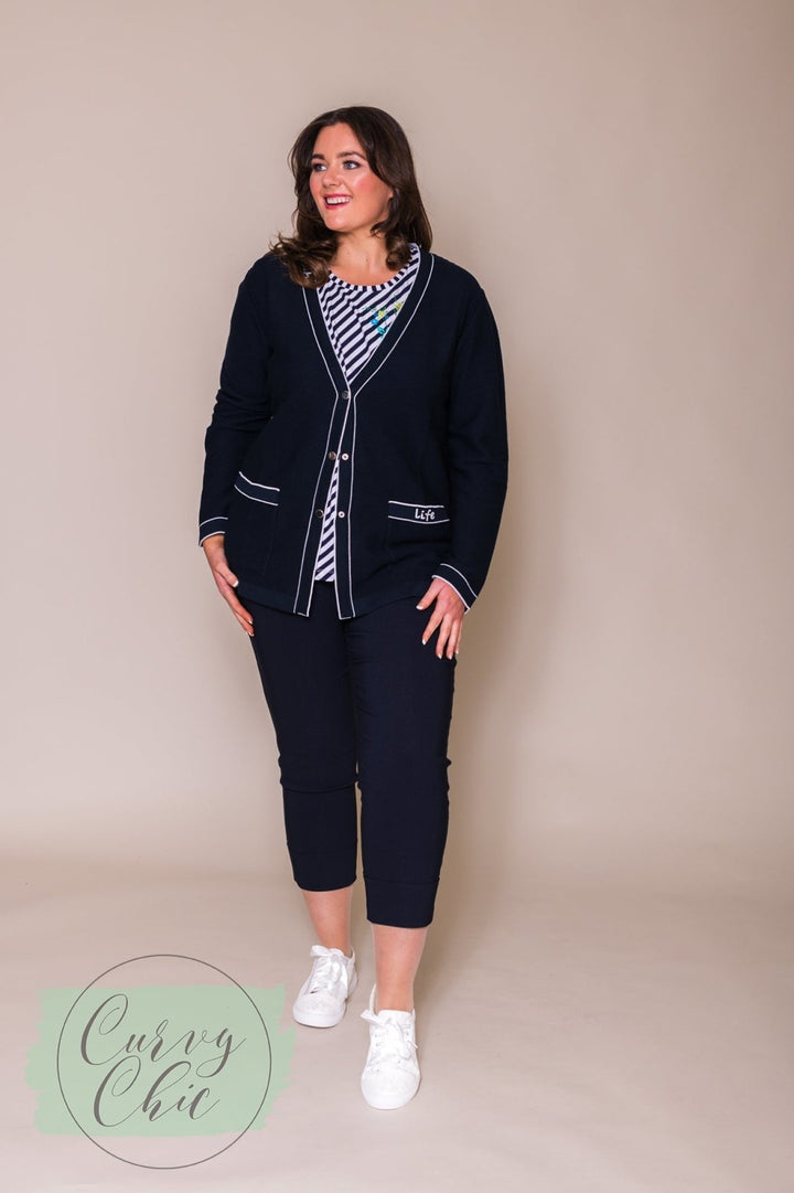 Navy &amp; White Cardigan with Pockets - Curvy Chic Boutique