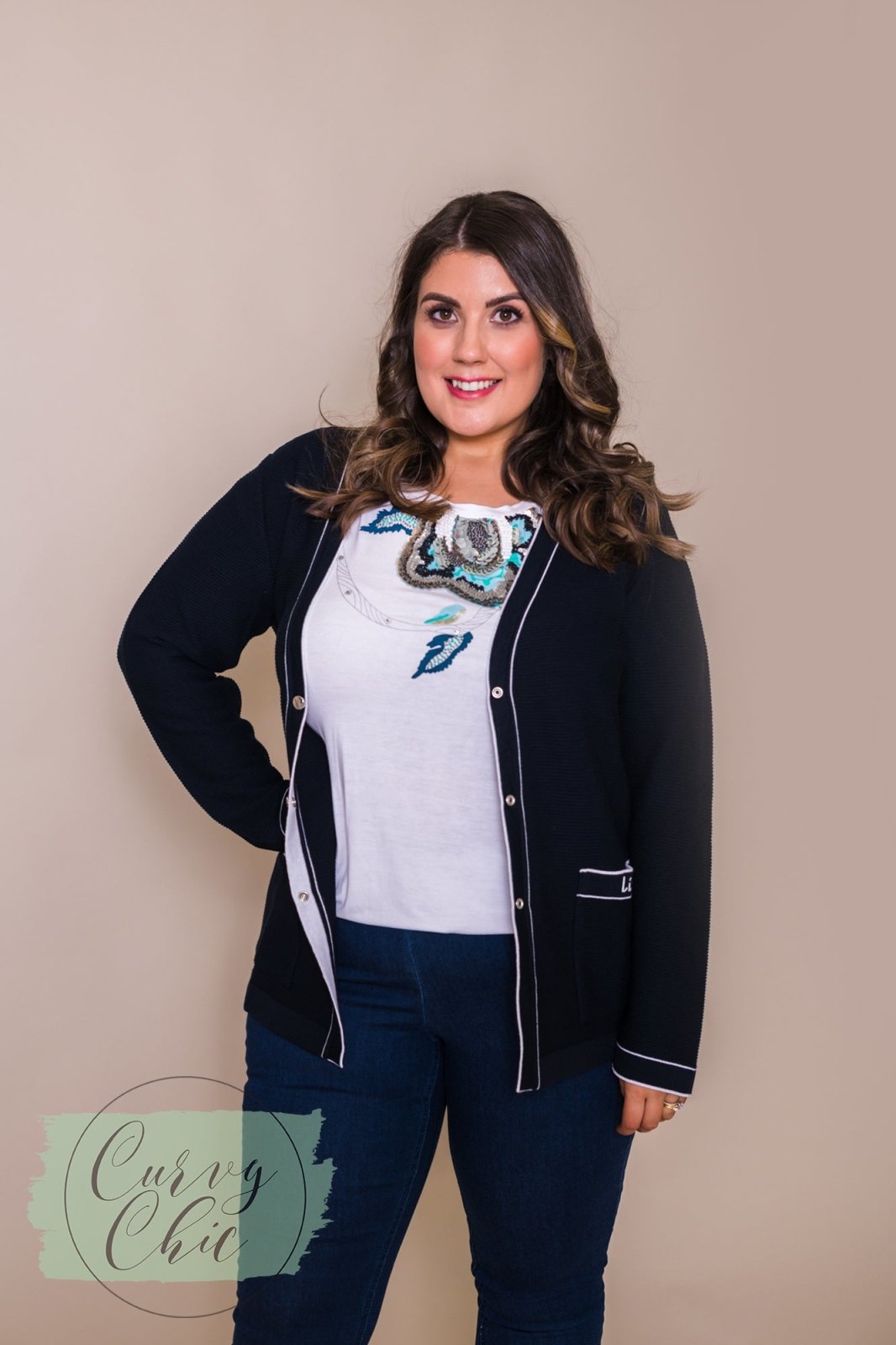 Navy &amp; White Cardigan with Pockets - Curvy Chic Boutique