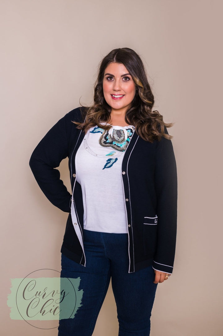 Navy &amp; White Cardigan with Pockets - Curvy Chic Boutique