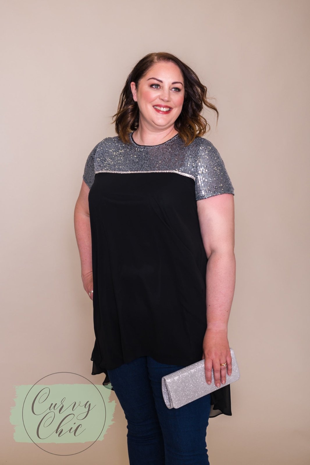Plus Size Black Chiffon &amp; Silver Sequin Long Top - Curvy Chic Boutique