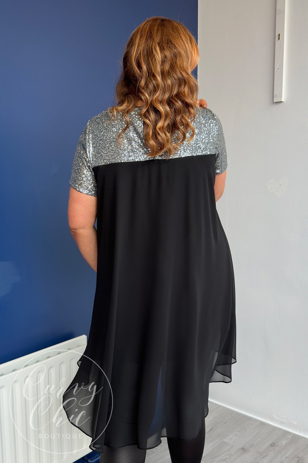Plus Size Black Chiffon &amp; Silver Sequin Long Top - Curvy Chic Boutique
