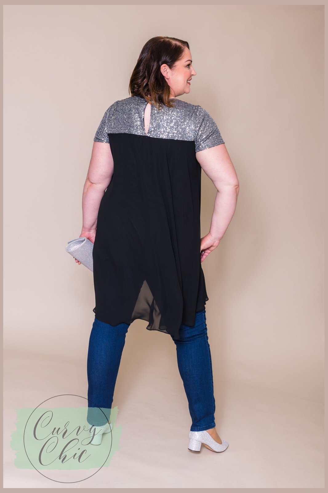 Plus Size Black Chiffon &amp; Silver Sequin Long Top - Curvy Chic Boutique