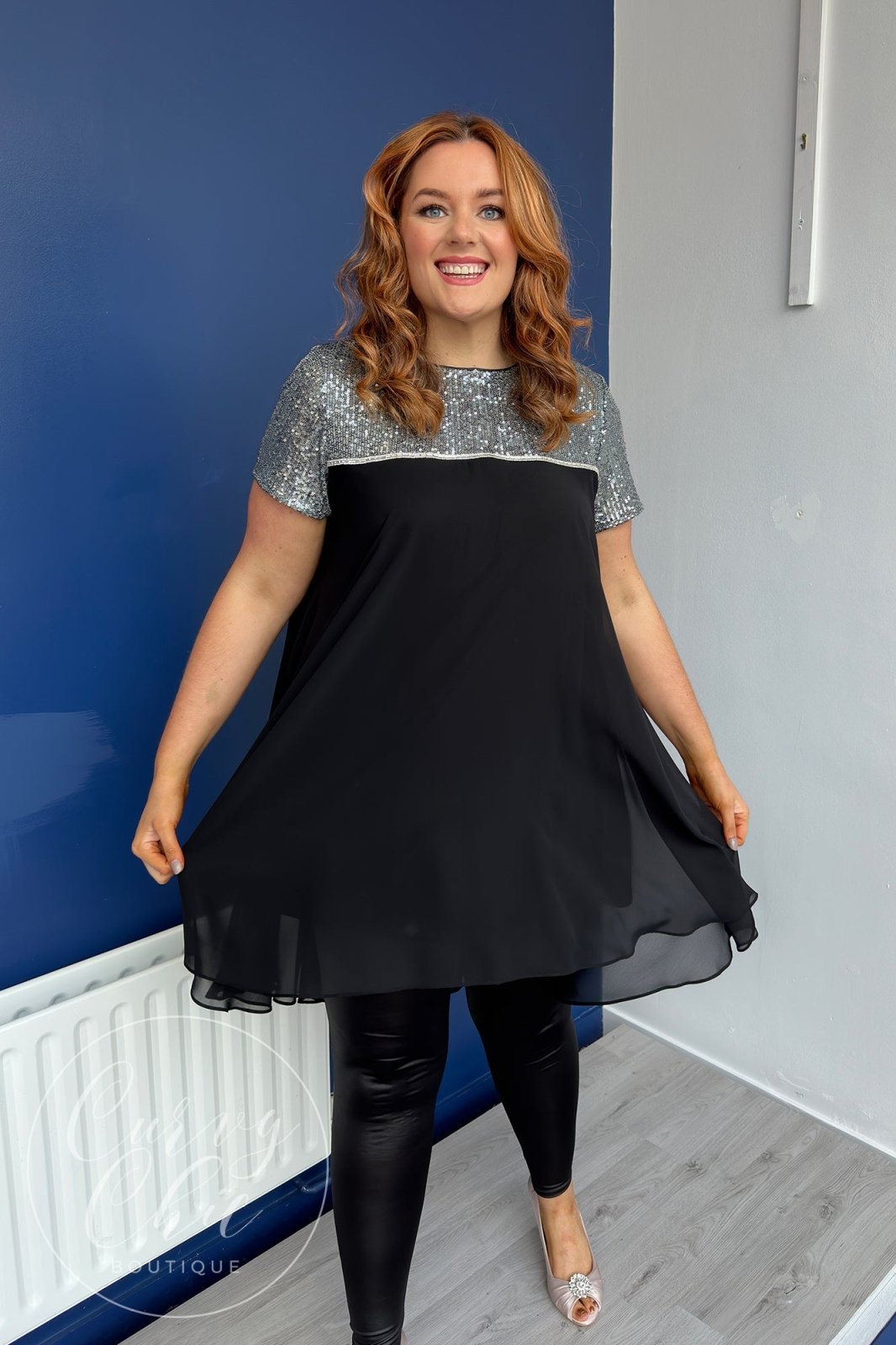 Plus Size Black Chiffon & Silver Sequin Long Top - Curvy Chic Boutique