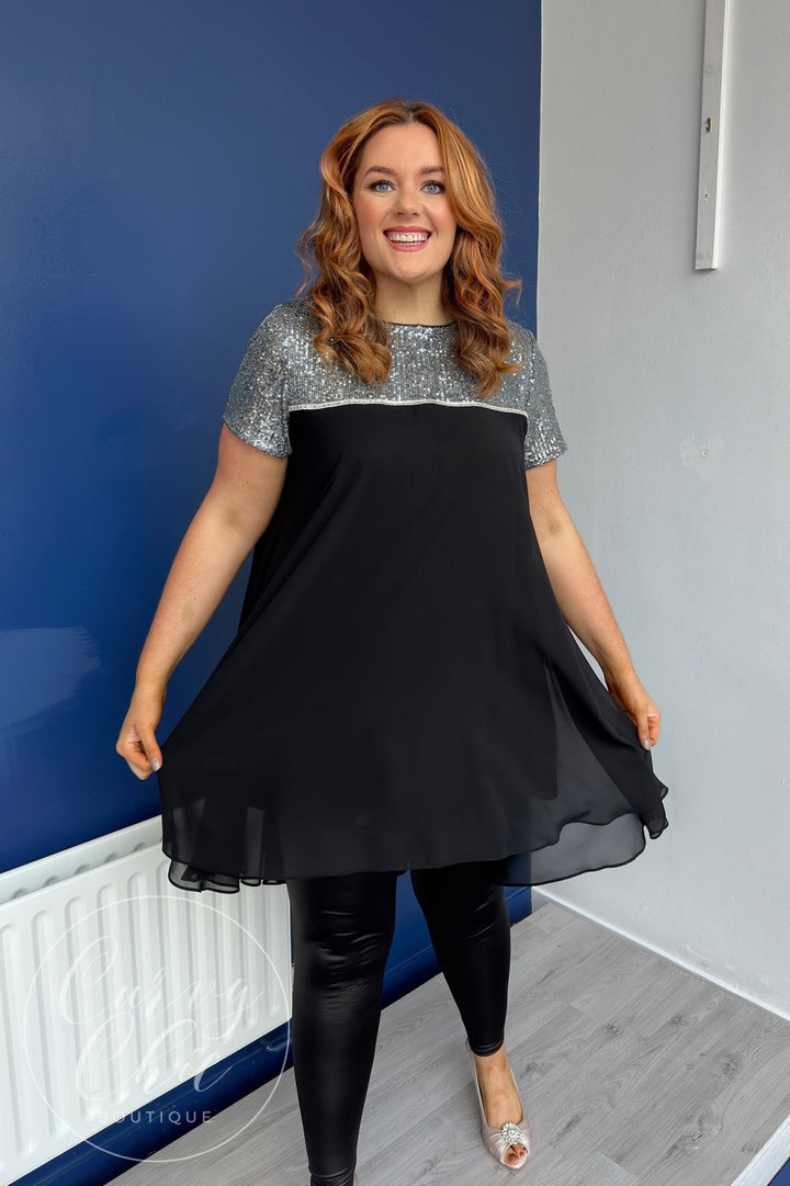 Plus Size Black Chiffon &amp; Silver Sequin Long Top - Curvy Chic Boutique