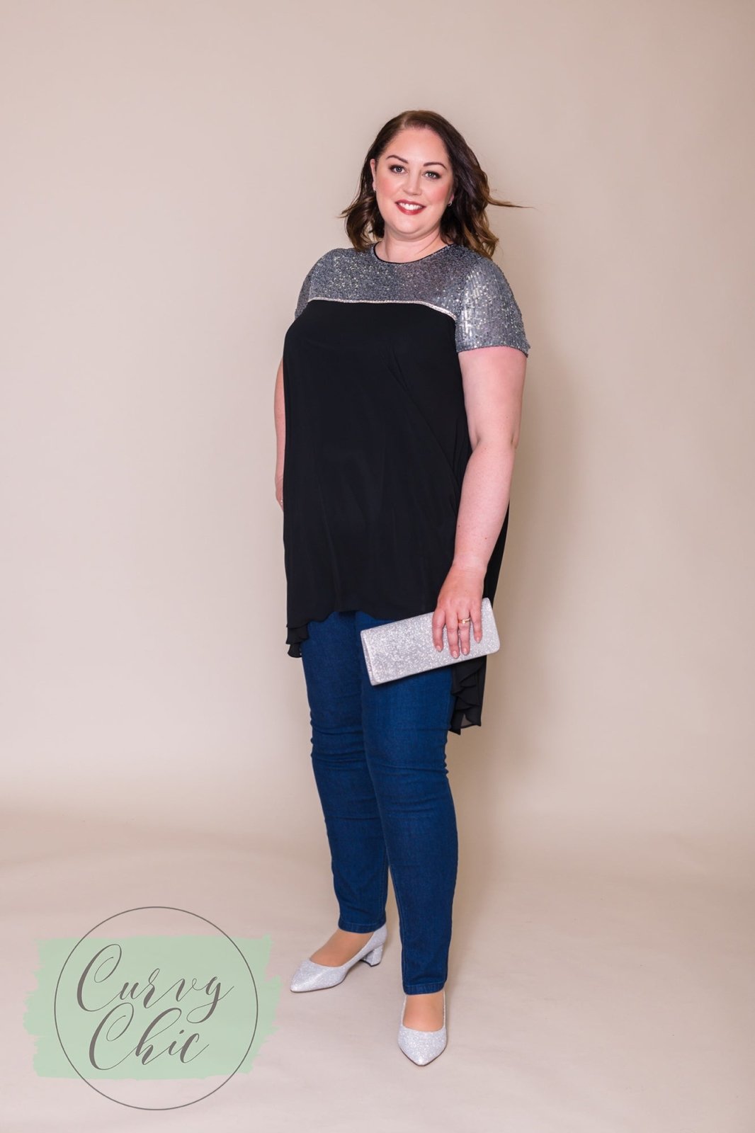 Plus Size Black Chiffon &amp; Silver Sequin Long Top - Curvy Chic Boutique