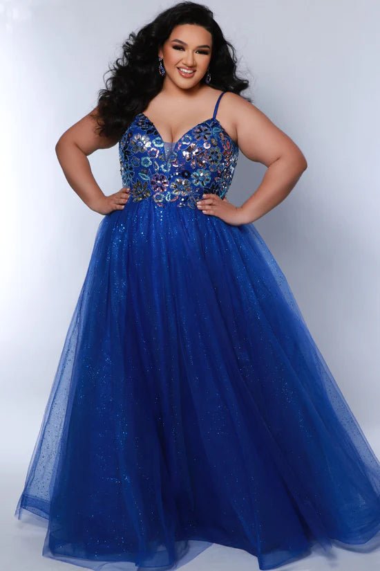 Plus Size Blue Floral Embellished Sparkle Formal Dress - Curvy Chic Boutique