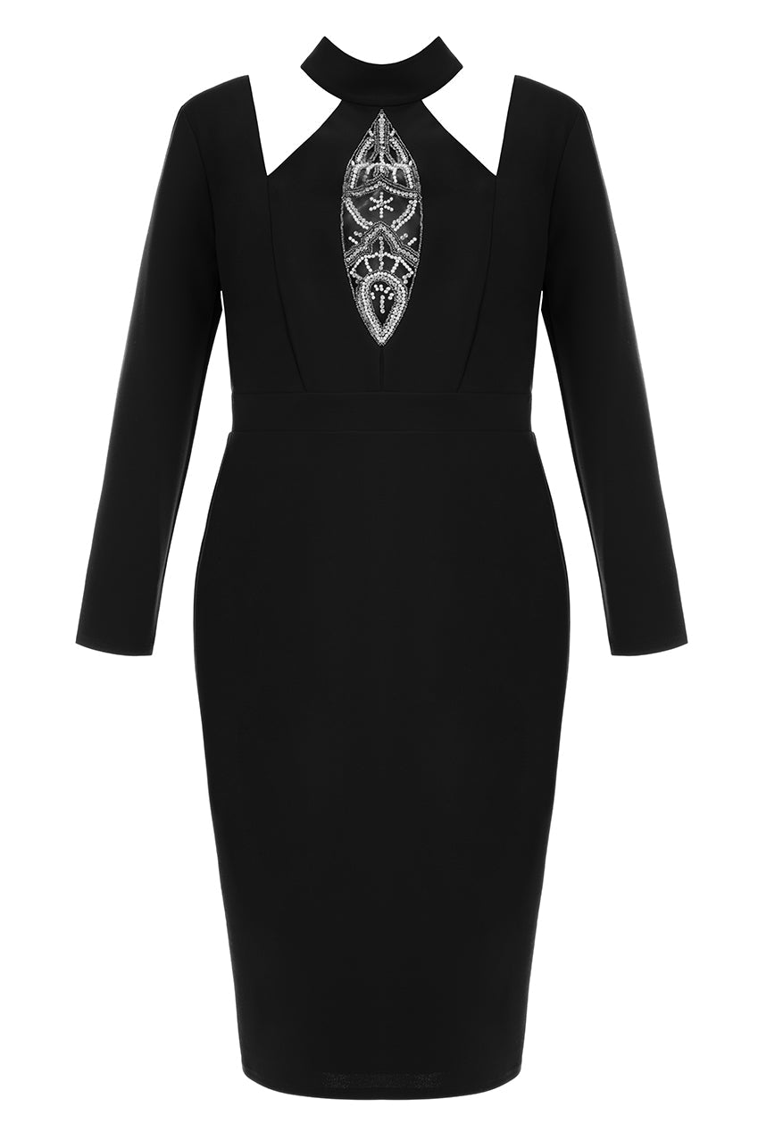 Plus Size Embellished Cut Out Black Midi Dress - Curvy Chic Boutique