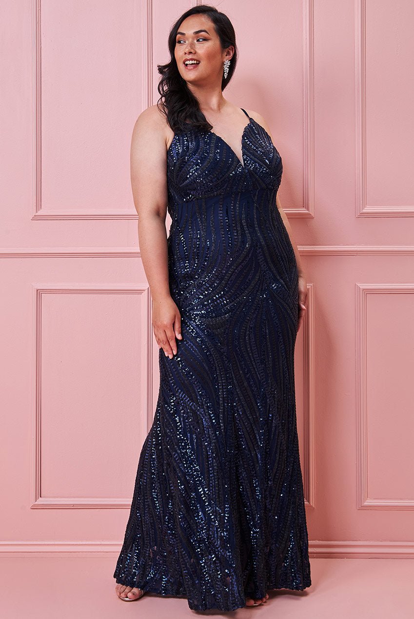 Plus Size Navy Sequinned Maxi Dress with Spaghetti Straps - Curvy Chic Boutique