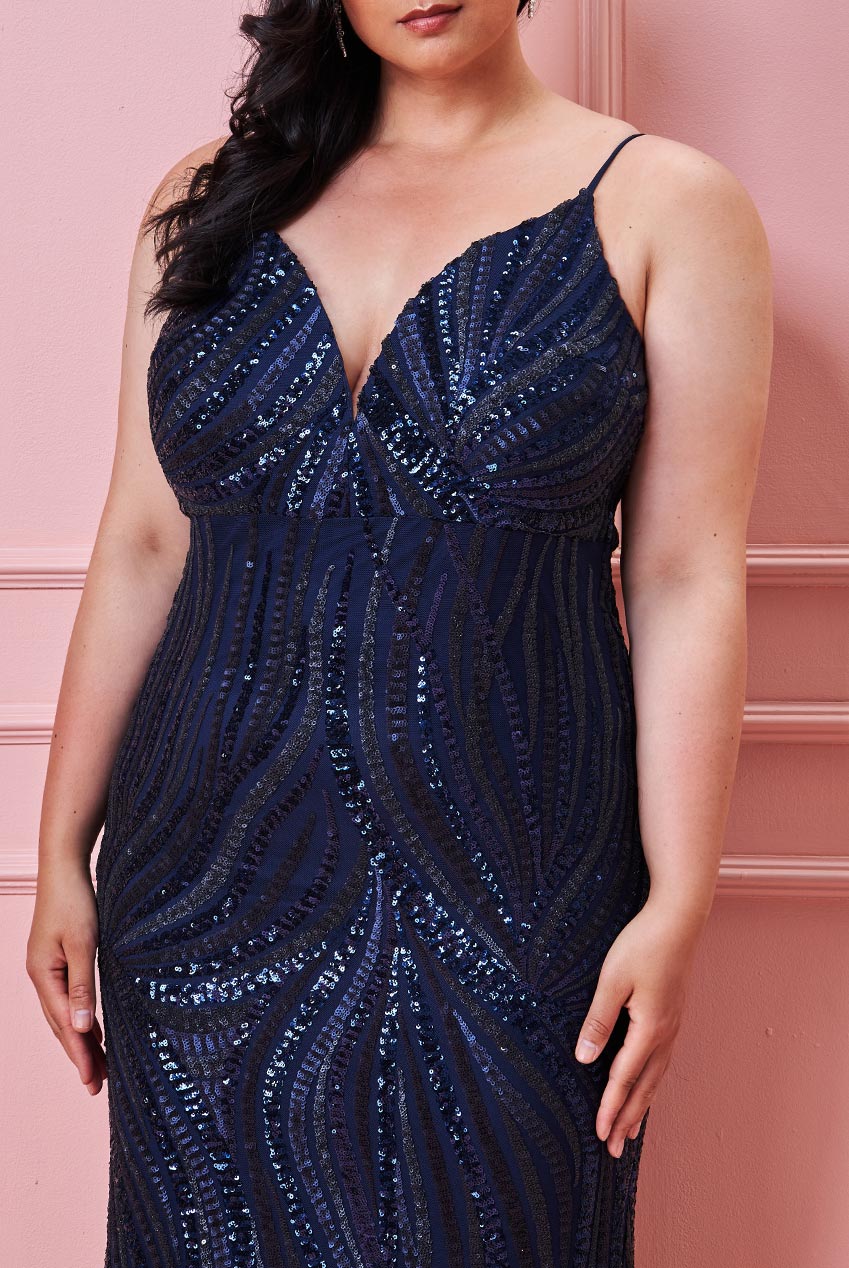 Plus Size Navy Sequinned Maxi Dress with Spaghetti Straps - Curvy Chic Boutique