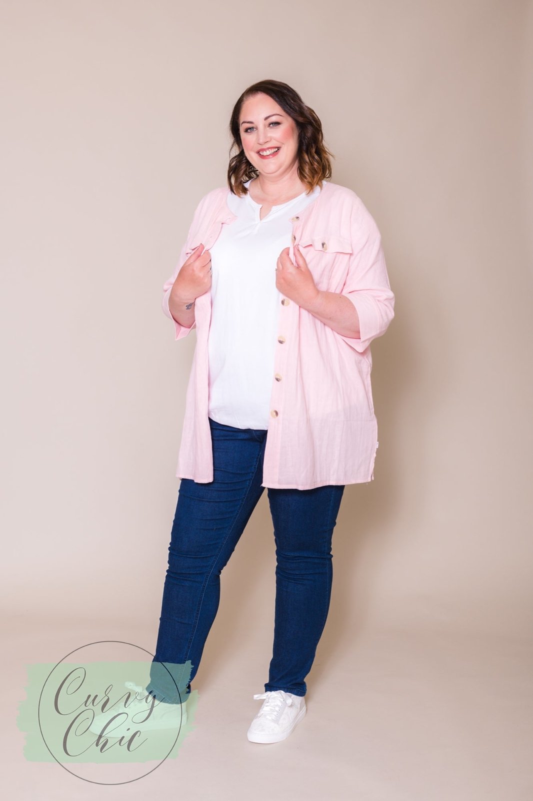 Plus Size Pink 3/4 Sleeve Shacket - Sustainable Collection - Curvy Chic Boutique