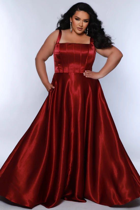 Plus Size Satin Square Neck Formal Ballgown in Wine or Purple - Curvy Chic Boutique