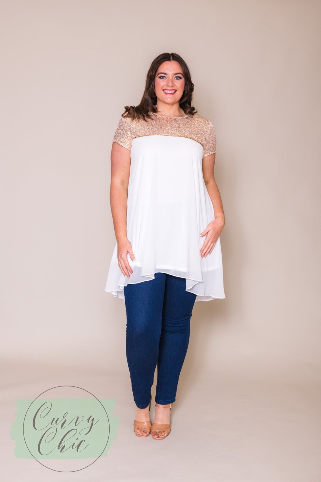 Plus Size White Chiffon &amp; Gold Sequin Long Top - Curvy Chic Boutique