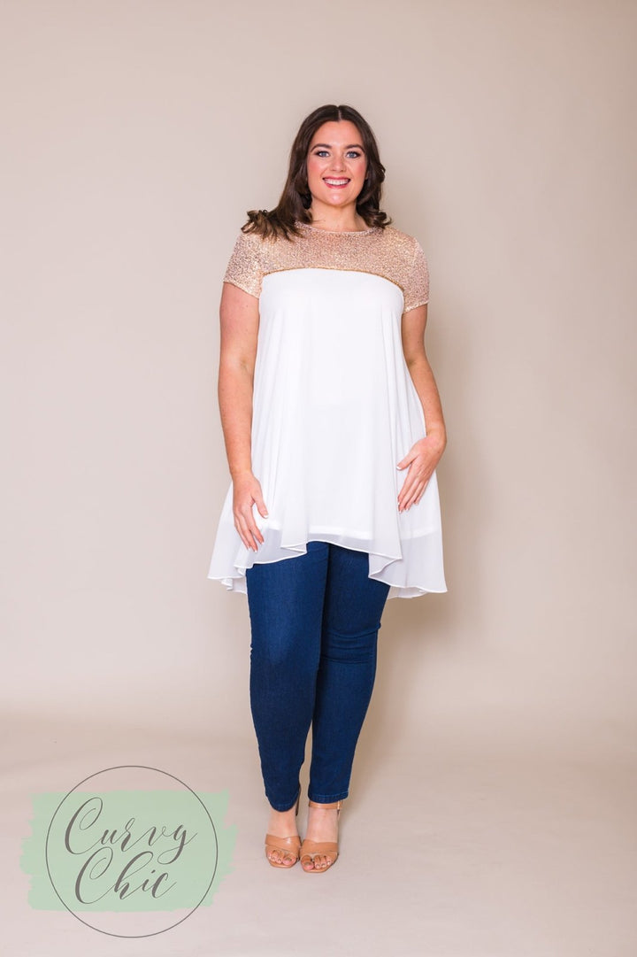 Plus Size White Chiffon &amp; Gold Sequin Long Top - Curvy Chic Boutique