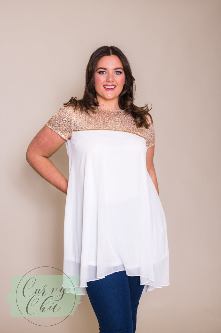 Plus Size White Chiffon &amp; Gold Sequin Long Top - Curvy Chic Boutique