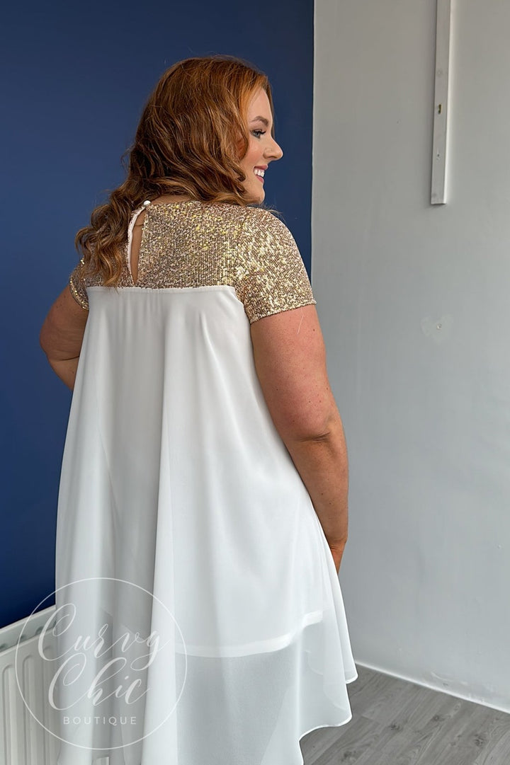 Plus Size White Chiffon &amp; Gold Sequin Long Top - Curvy Chic Boutique