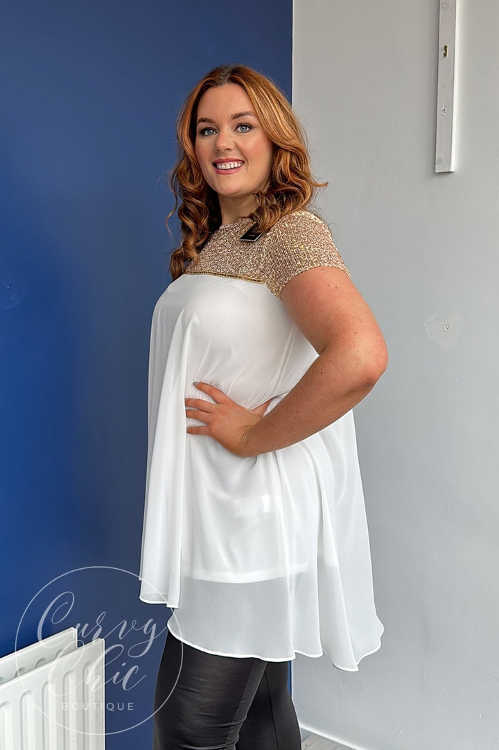 Plus Size White Chiffon &amp; Gold Sequin Long Top - Curvy Chic Boutique