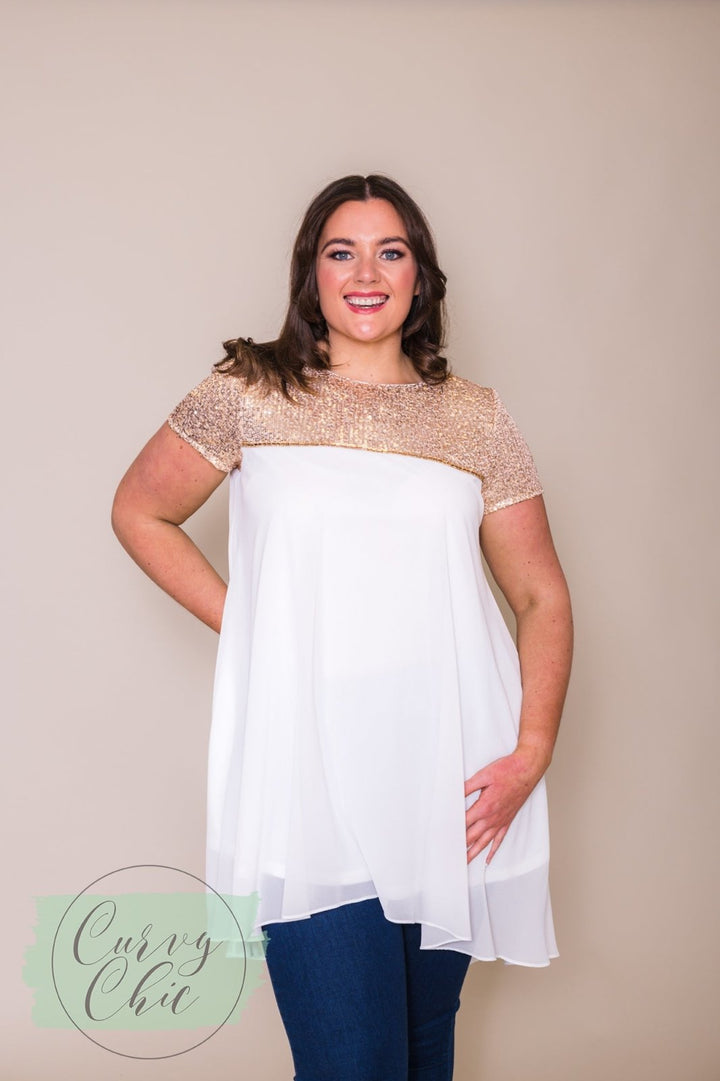 Plus Size White Chiffon &amp; Gold Sequin Long Top - Curvy Chic Boutique