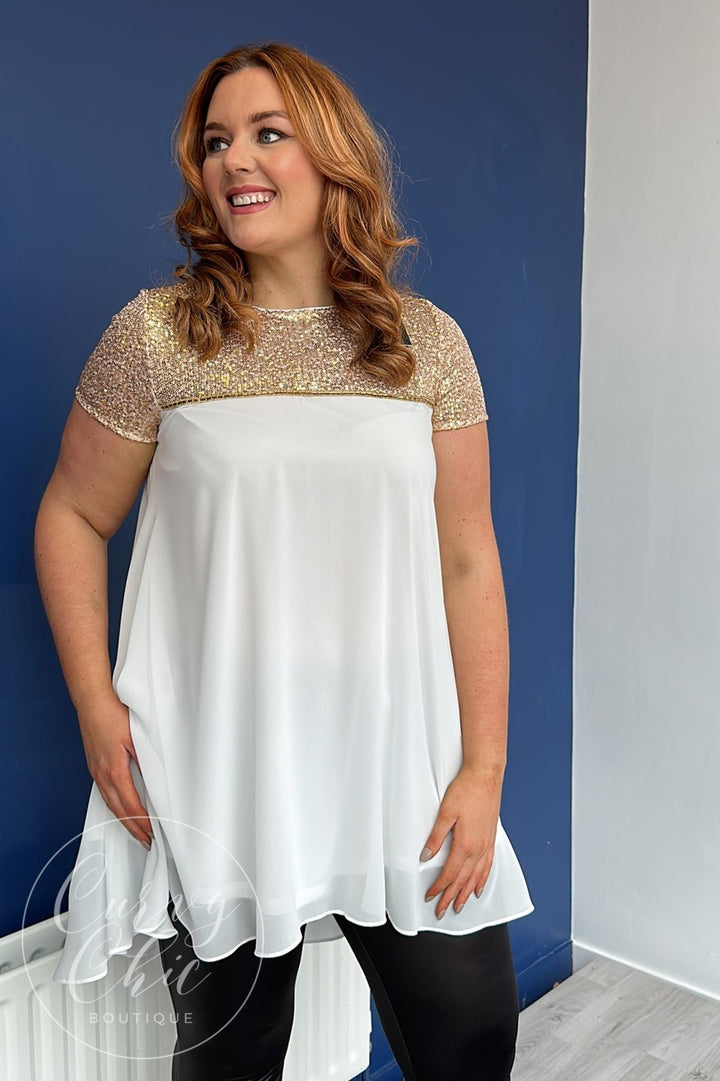 Plus Size White Chiffon &amp; Gold Sequin Long Top - Curvy Chic Boutique