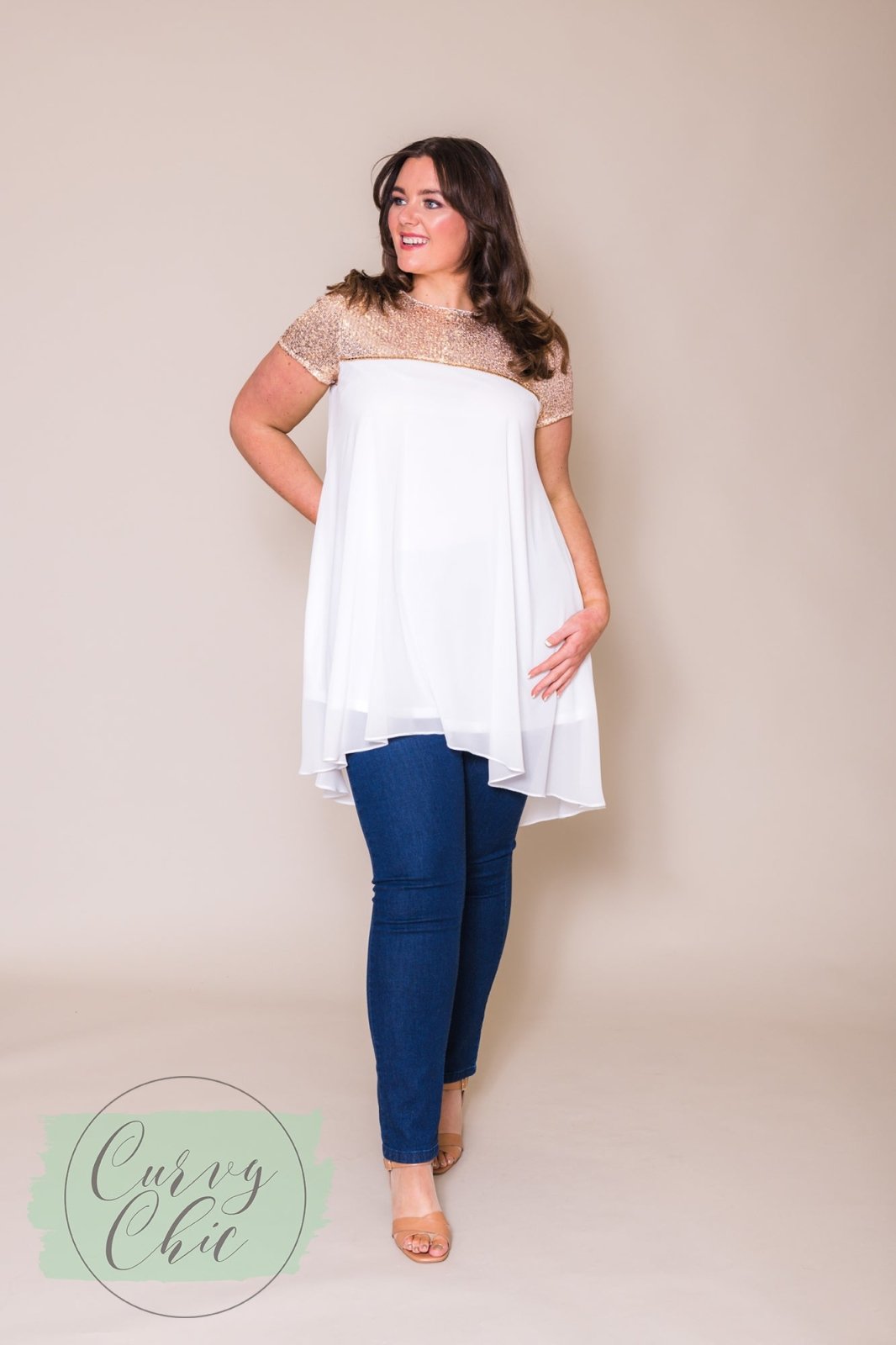 Plus Size White Chiffon &amp; Gold Sequin Long Top - Curvy Chic Boutique