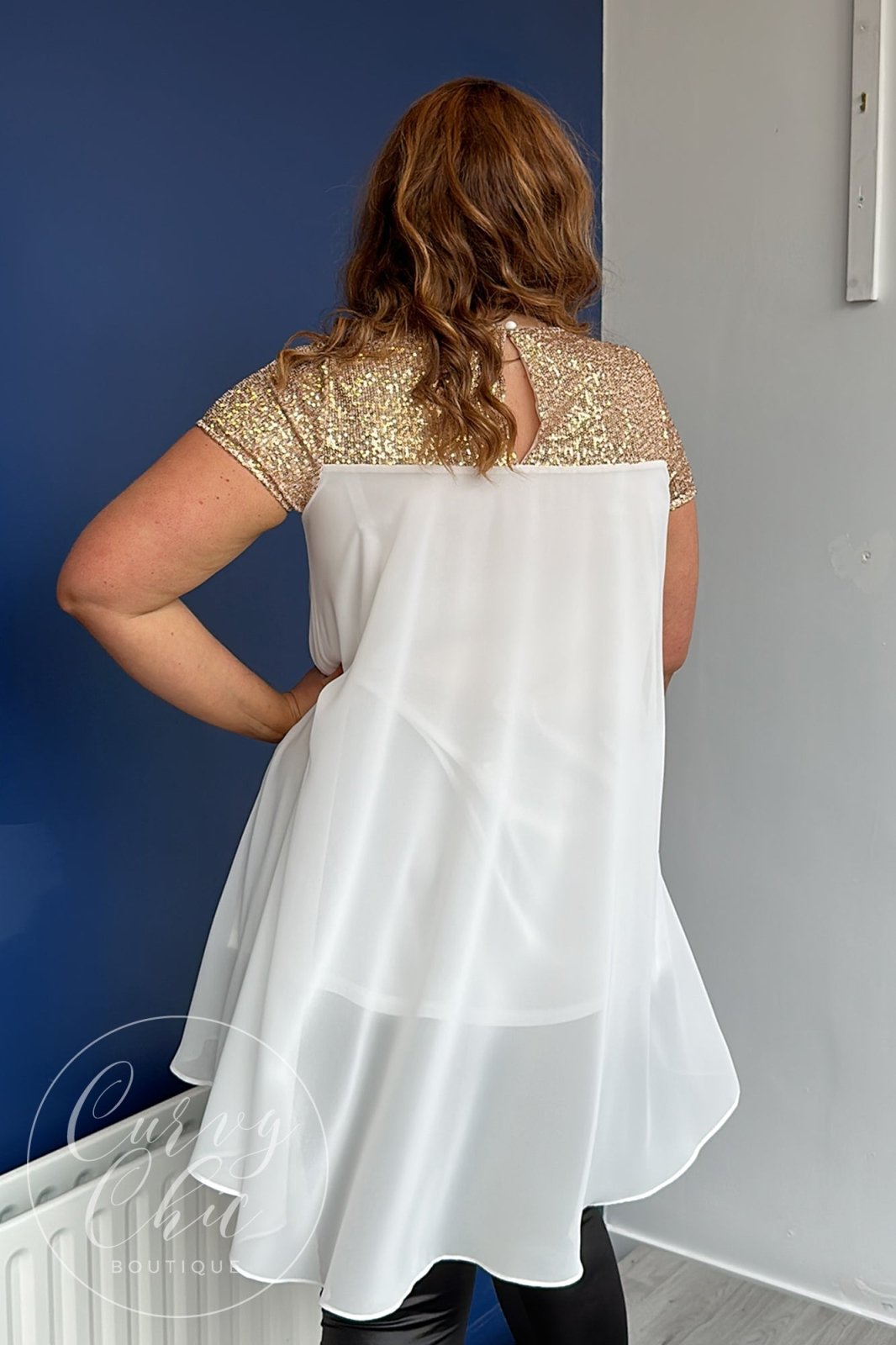 Plus Size White Chiffon &amp; Gold Sequin Long Top - Curvy Chic Boutique