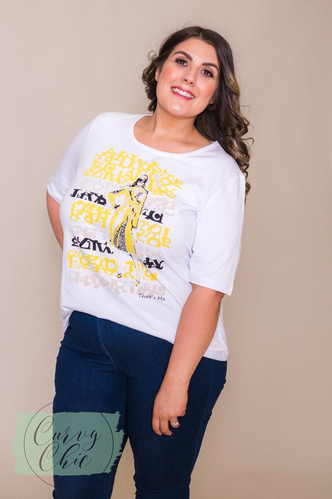 Plus Size Yellow and White Graphic T-Shirt - Curvy Chic Boutique