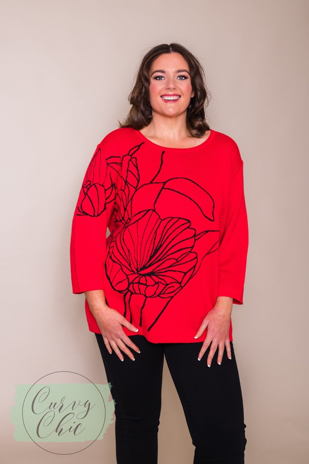 Red Knit Floral Design Plus Size Jumper - Curvy Chic Boutique