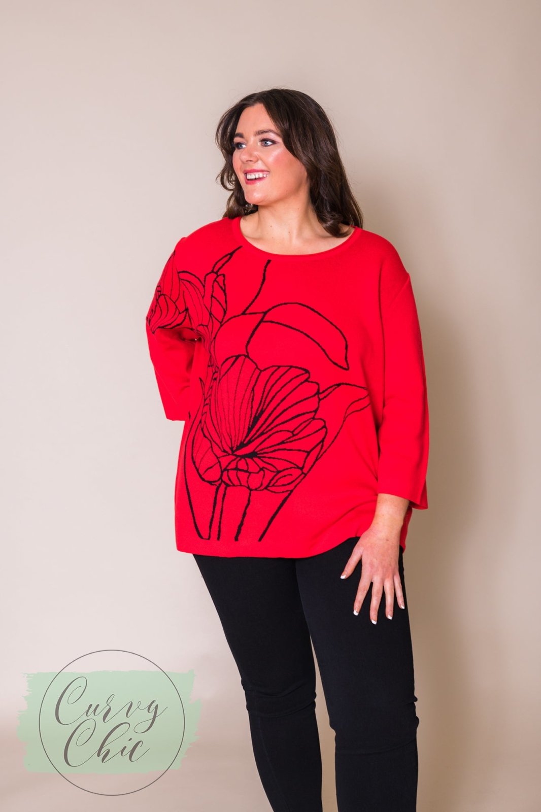 Red Knit Floral Design Plus Size Jumper - Curvy Chic Boutique