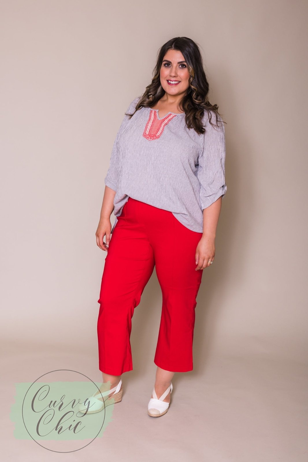 Red Plus Size Cropped Stretch Trousers with Flair Bottom - Curvy Chic Boutique