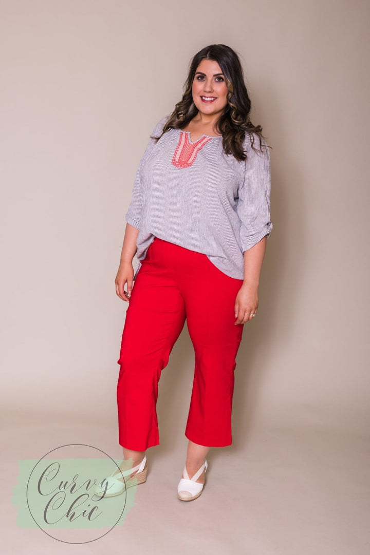 Red Plus Size Cropped Stretch Trousers with Flair Bottom - Curvy Chic Boutique
