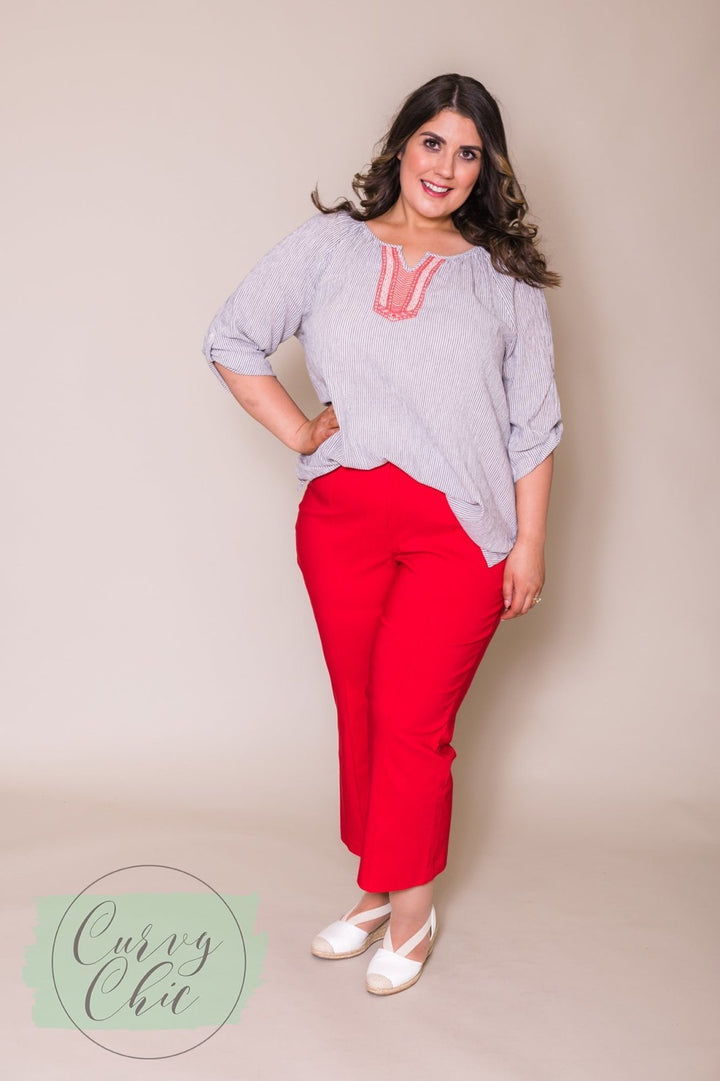 Red Plus Size Cropped Stretch Trousers with Flair Bottom - Curvy Chic Boutique