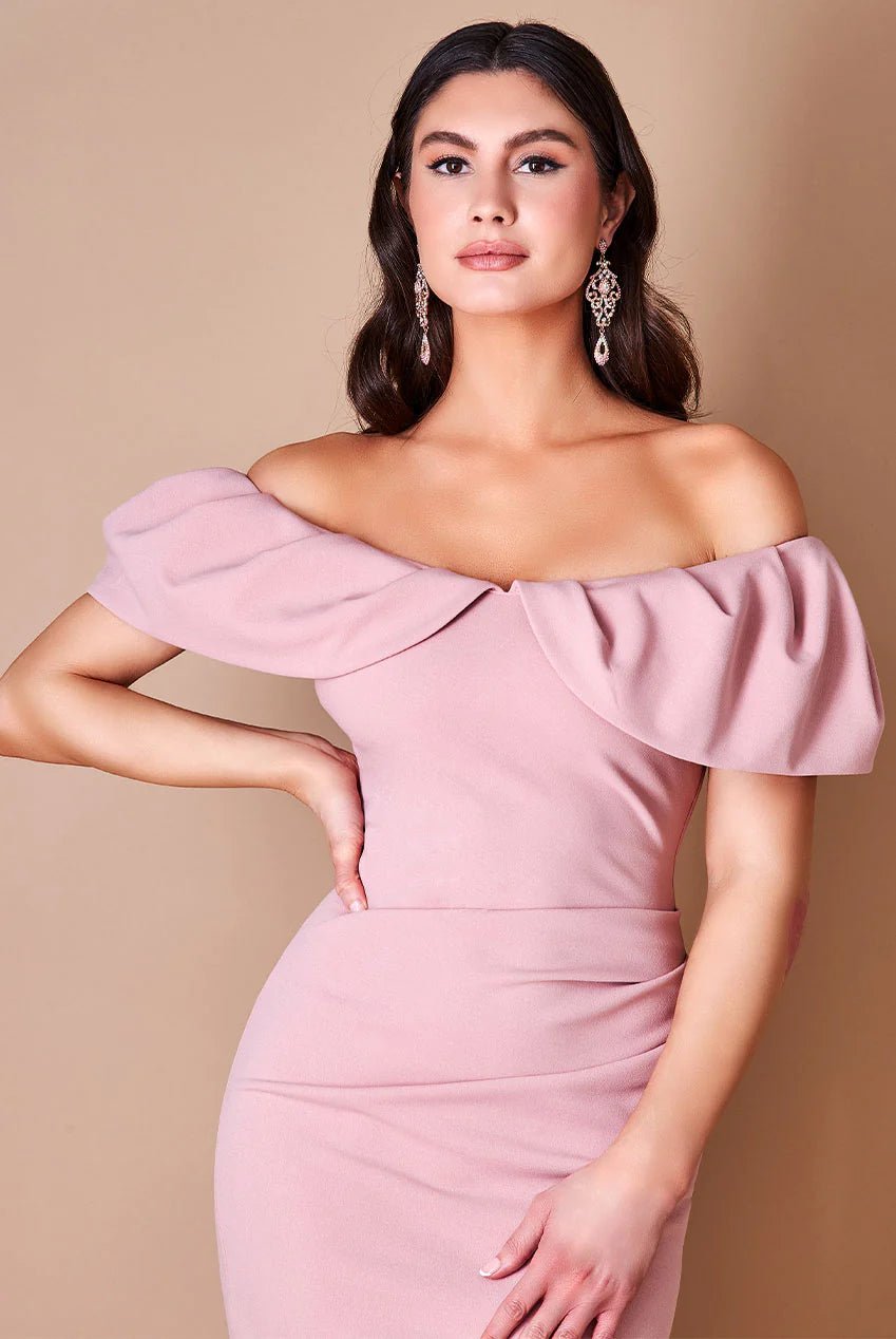 Scuba Crepe Pleated Bardot Plus Size Midi Dress in Blush or Emerald - Curvy Chic Boutique