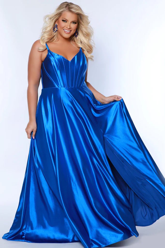 Strappy Bright Satin Plus Size Formal Dress in Royal Blue, Magenta &amp; Green - Curvy Chic Boutique